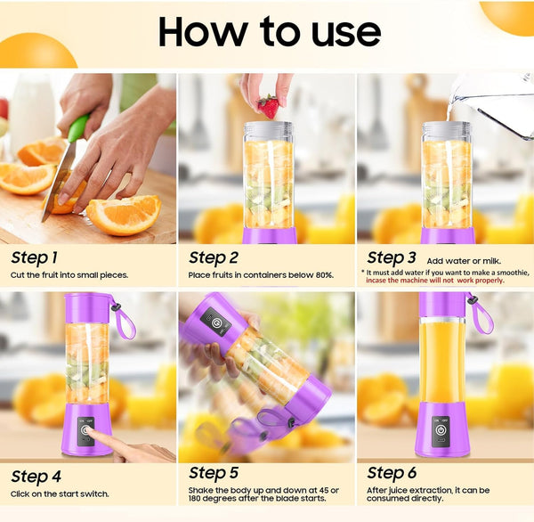 VeeDee Portable and Rechargeable Lightweight with 6 Blades Juice Blender for Smoothies & Shakes - Personal Size Blender, 380Ml Juice Cup, Freshly Squeezed for Picnic/Sports/Gym/Office