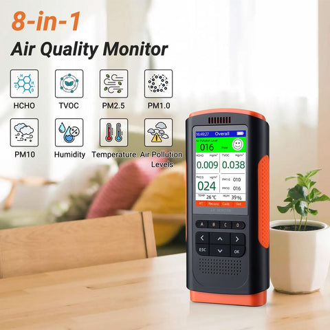 VeeDee Portable Air Quality Pollution Detector Meter with Color Graphic Display-PM 1/2.5/10, TVOC, HCHO Checker Temperature Humidity AQI Tester