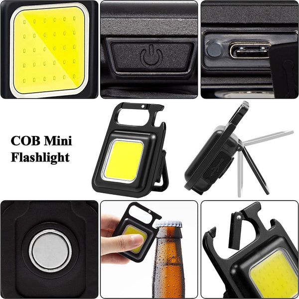 VeeDee Small Bright Rechargeable Keychain Flashlights, 1000Lumens COB Mini Flashlight with 3 Light Modes, Pocket Light with Folding Bracket, Bottle Opener and Magnet Base for Walking