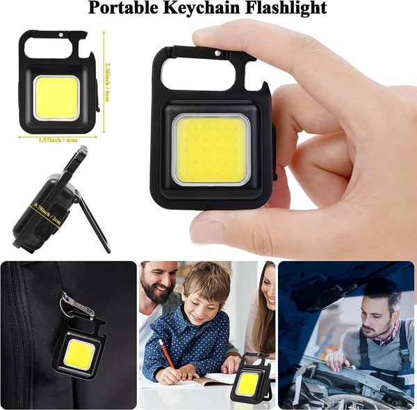 VeeDee Small Bright Rechargeable Keychain Flashlights, 1000Lumens COB Mini Flashlight with 3 Light Modes, Pocket Light with Folding Bracket, Bottle Opener and Magnet Base for Walking
