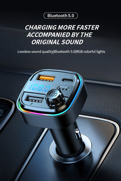 VeeDeeCar Bluetooth 5.0 Transmitter Wireless Mp3 Player Handsfree Audio Receiver Ambient Light FM Transmitter Type-C 3.1A Quick Charge
