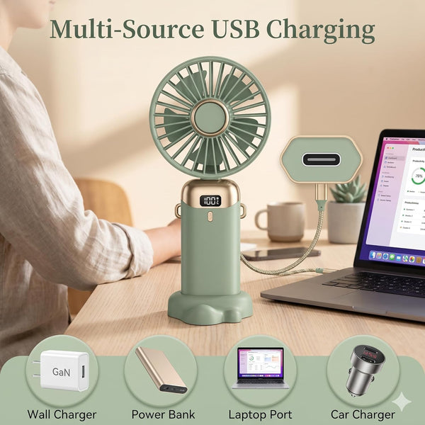 VeeDee Portable Handheld Fan with LED Display, Small 180° Foldable Desk Fan with Detachable Paw Base, USB Rechargeable Personal Mini Fan for Travel, Office, Makeup, Women (Pink)