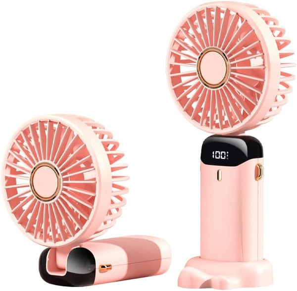 VeeDee Portable Handheld Fan with LED Display, Small 180° Foldable Desk Fan with Detachable Paw Base, USB Rechargeable Personal Mini Fan for Travel, Office, Makeup, Women (Pink)