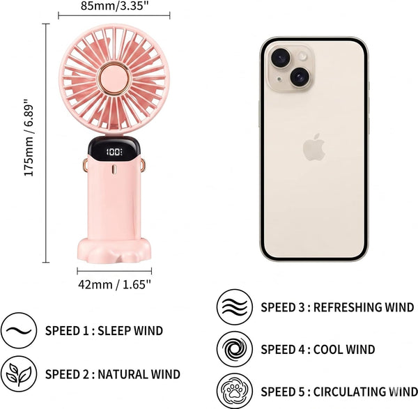 VeeDee Portable Handheld Fan with LED Display, Small 180° Foldable Desk Fan with Detachable Paw Base, USB Rechargeable Personal Mini Fan for Travel, Office, Makeup, Women (Pink)