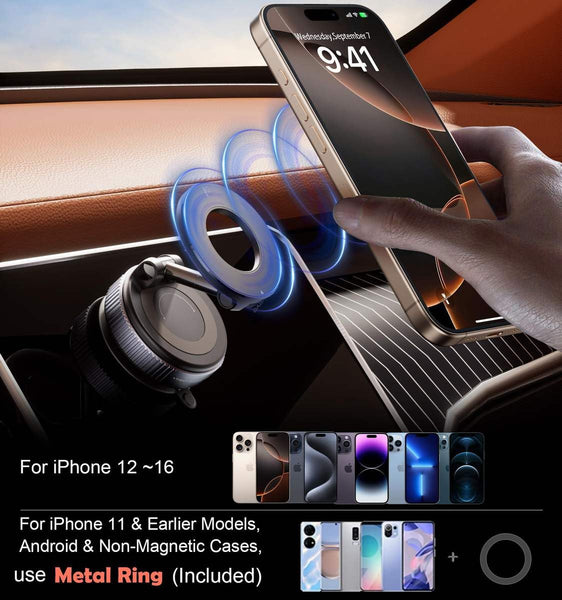 VeeDee Magnetic Car Phone Mount – 360° Vacuum Suction Magnetic Phone Holder for Car Dashboard & Windshield – Universal Multi-Surface MagSafe Car Mount for Home, Gym Mirror & Shower