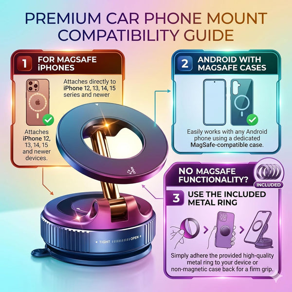 VeeDee Magnetic Car Phone Mount – 360° Vacuum Suction Magnetic Phone Holder for Car Dashboard & Windshield – Universal Multi-Surface MagSafe Car Mount for Home, Gym Mirror & Shower