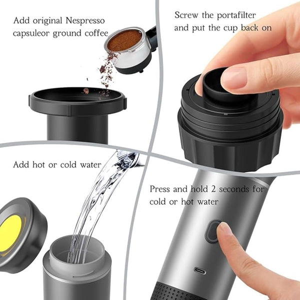 VeeDee Portable Electric Espresso Machine, Travel Coffee Maker for Camping, Car Coffee Maker Self-Heating, Compatible with Ground Coffee & NS Capsule for RV, Hiking, Office