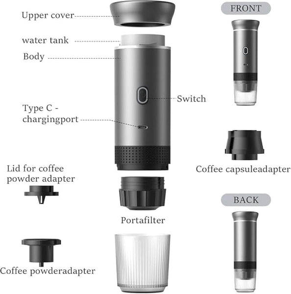 VeeDee Portable Electric Espresso Machine, Travel Coffee Maker for Camping, Car Coffee Maker Self-Heating, Compatible with Ground Coffee & NS Capsule for RV, Hiking, Office