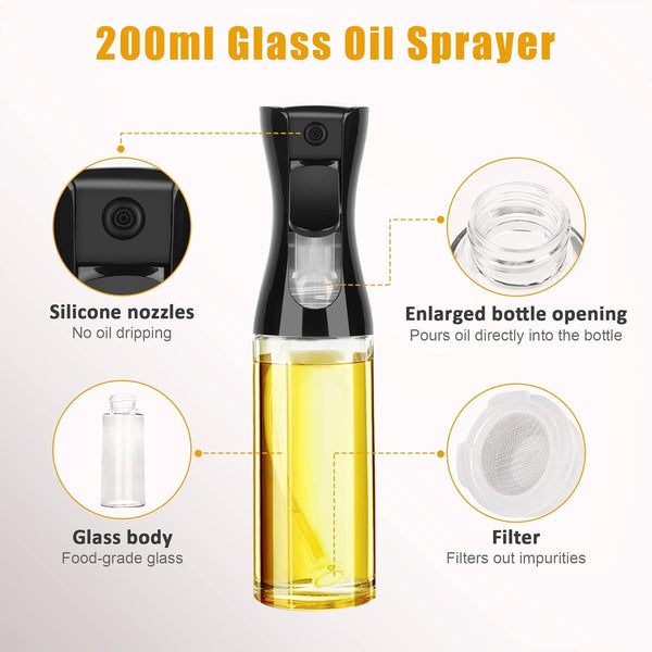 VeeDee Oil Sprayer for Cooking - 210ml Glass Oil Dispenser Bottle Spray Mister - Refillable Food Grade Oil Vinegar Spritzer Sprayer Bottles for Kitchen, Air Fryer, Salad, Grilling, Frying